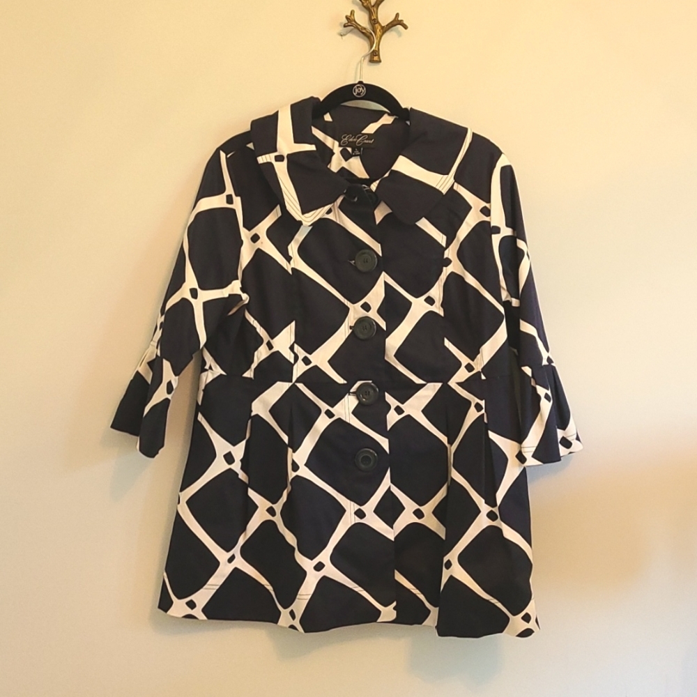 Spring Jacket, size L, navy/white geo print, large decorative buttons, pockets